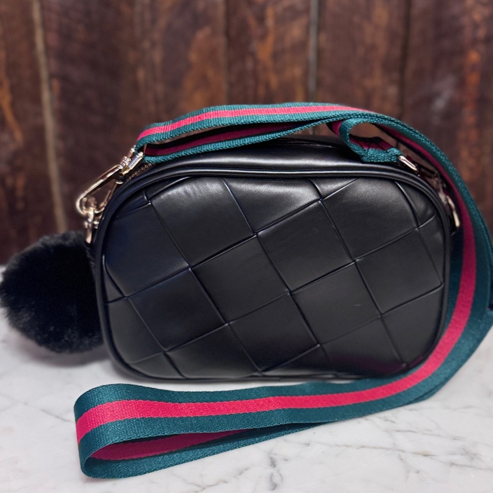 Elegant Black Woven Vegan Leather Crossbody Bag